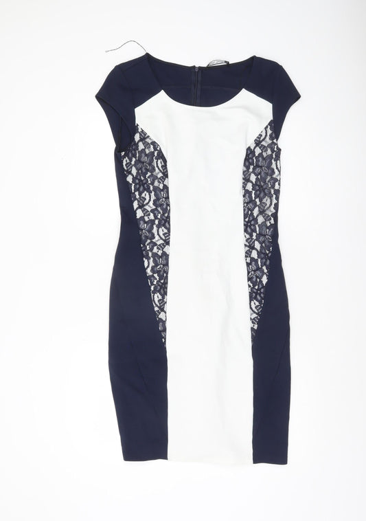 Betty Barclay Women Blue White Colourblock Lace Bodycon Dress Size 14