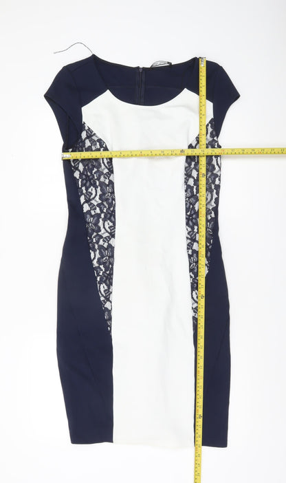 Betty Barclay Women Blue White Colourblock Lace Bodycon Dress Size 14
