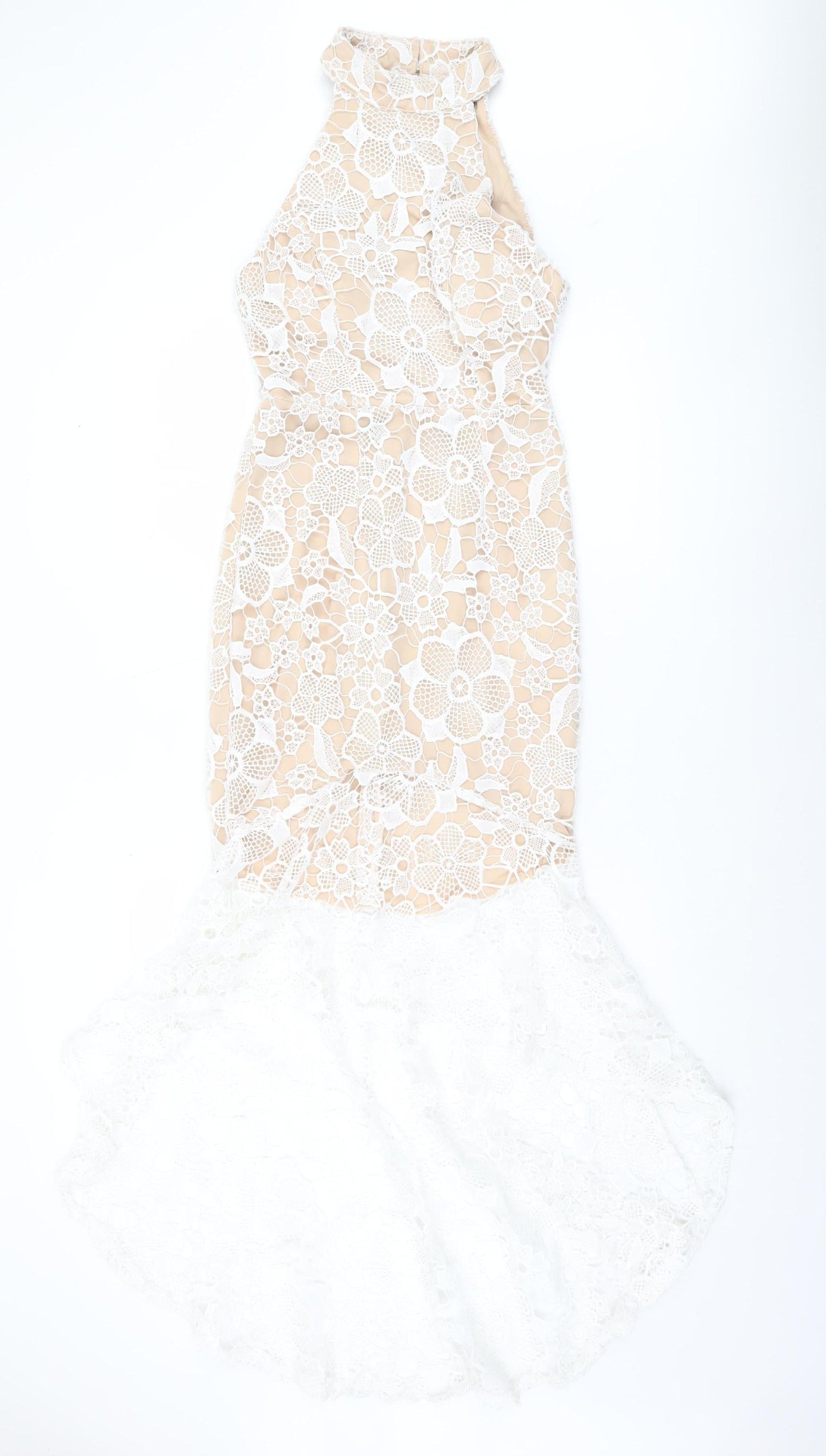 Quiz Women’s Beige & White Lace Hi-Low Halter Midi Dress UK 10