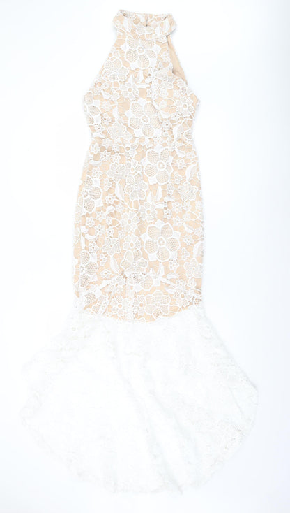 Quiz Women’s Beige & White Lace Hi-Low Halter Midi Dress UK 10