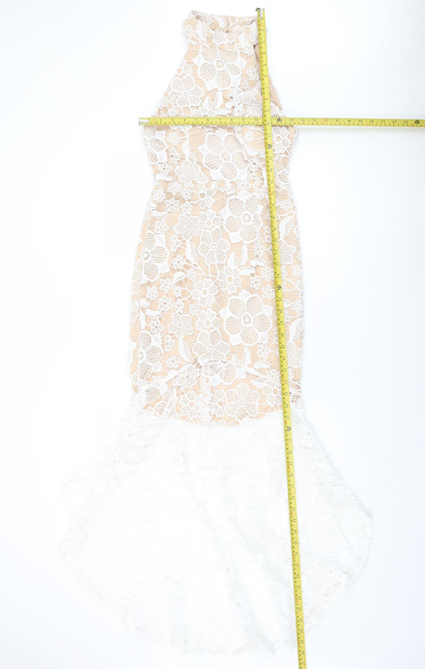 Quiz Women’s Beige & White Lace Hi-Low Halter Midi Dress UK 10