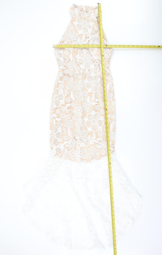Quiz Women’s Beige & White Lace Hi-Low Halter Midi Dress UK 10