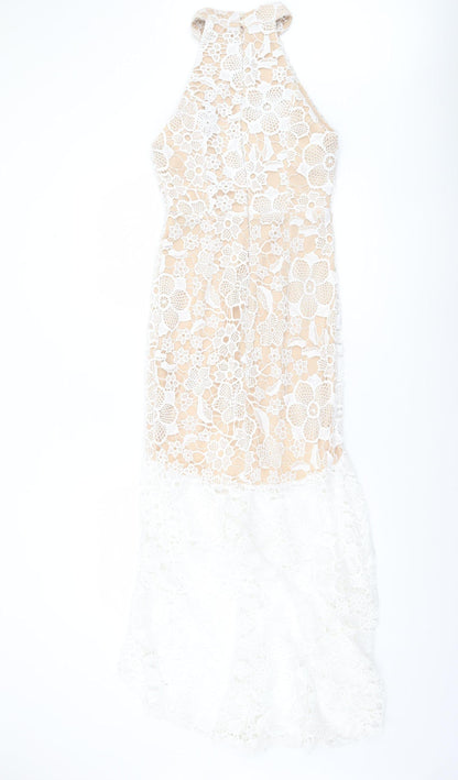 Quiz Women’s Beige & White Lace Hi-Low Halter Midi Dress UK 10