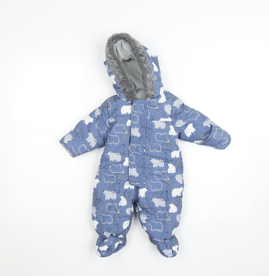 Nutmeg Unisex Kids Blue Animal Print Hooded Snowsuit 3 Months Winter Padded