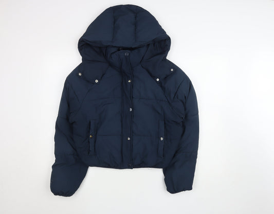 Pull & Bear Women Blue S Cropped Puffer Jacket Hooded Winter Coat