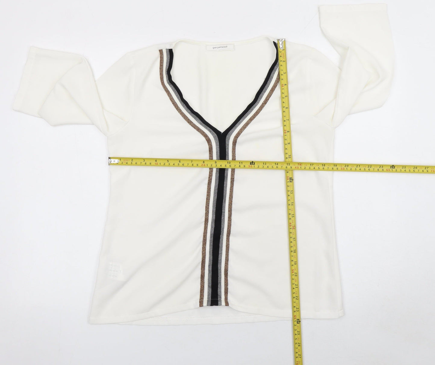 Promod Women Ivory V-Neck 3/4 Sleeve Blouse Size 10