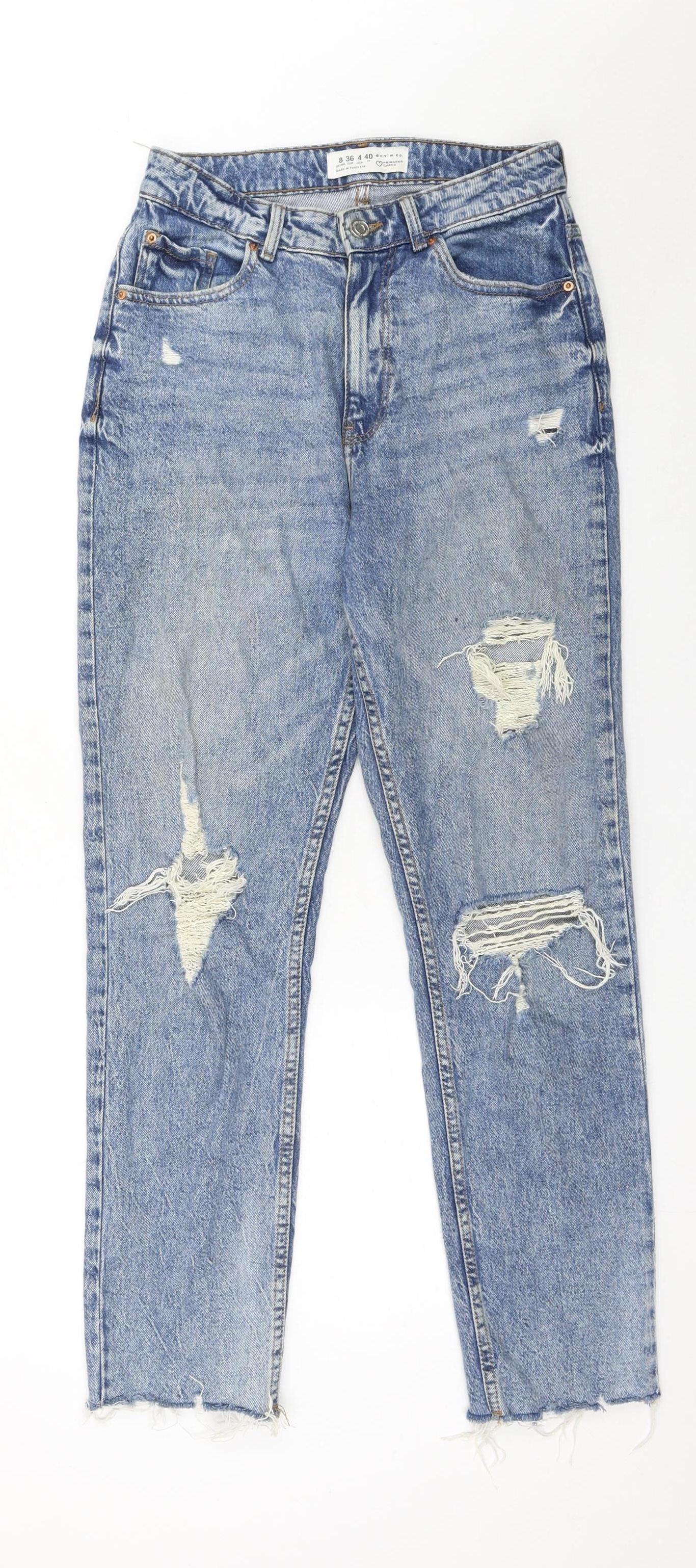 Primark Women Blue Size 8 High Rise Distressed Straight Jeans