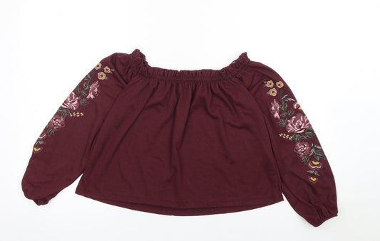 Bershka Womens Red Embroidered Off Shoulder Boho Blouse Size XS
