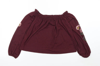 Bershka Womens Red Embroidered Off Shoulder Boho Blouse Size XS