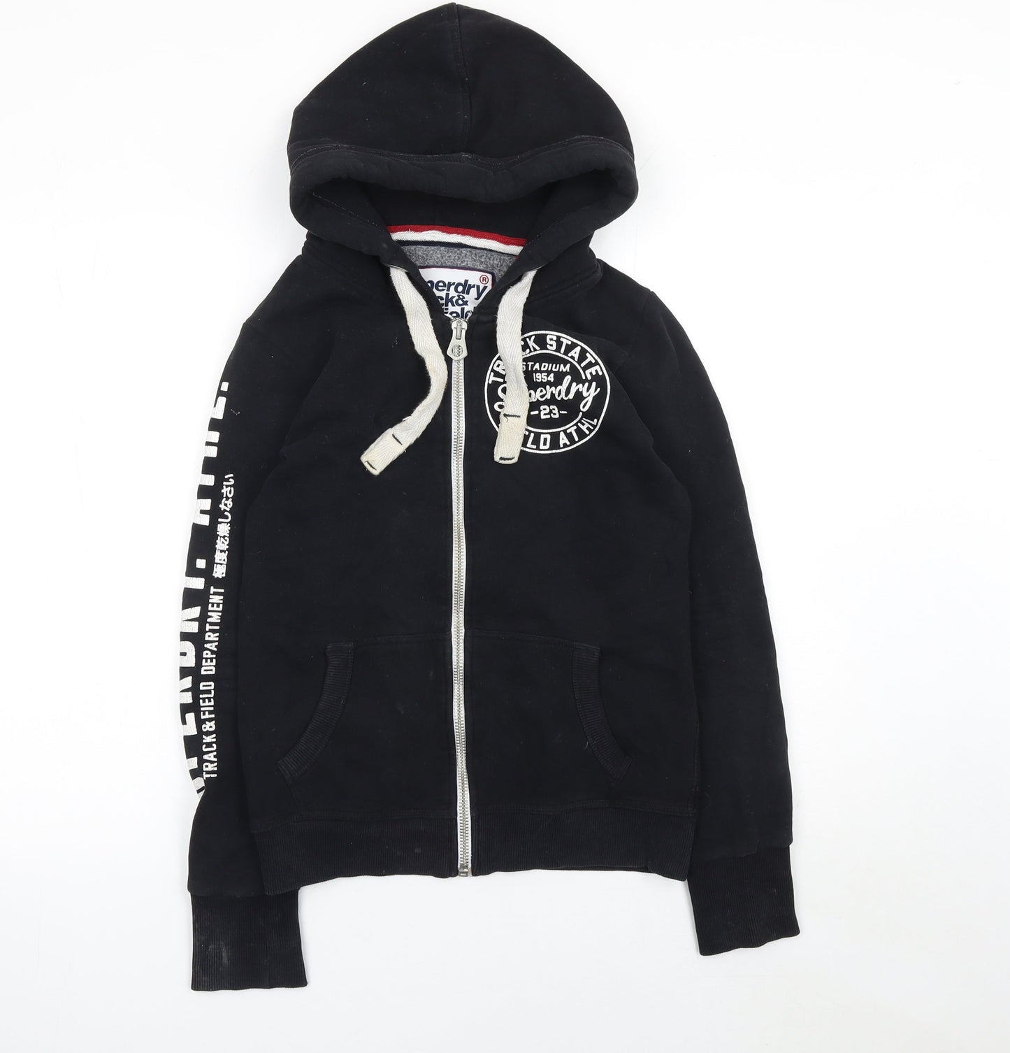 Superdry Women Black Full Zip Hoodie Size S Track & Field Logo