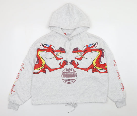 Primark Women Grey Mulan Mushu Hoodie L Pullover Disney Graphic Print