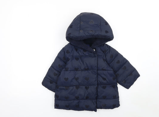Jacadi Paris Girls Blue Heart Puffer Winter Coat 18-24 Months Hooded