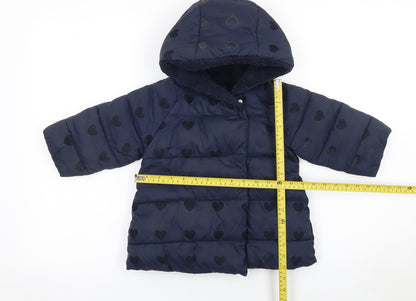 Jacadi Paris Girls Blue Heart Puffer Winter Coat 18-24 Months Hooded