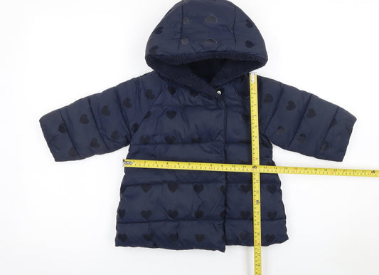 Jacadi Paris Girls Blue Heart Puffer Winter Coat 18-24 Months Hooded