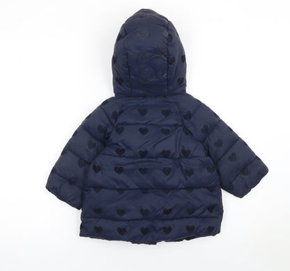 Jacadi Paris Girls Blue Heart Puffer Winter Coat 18-24 Months Hooded