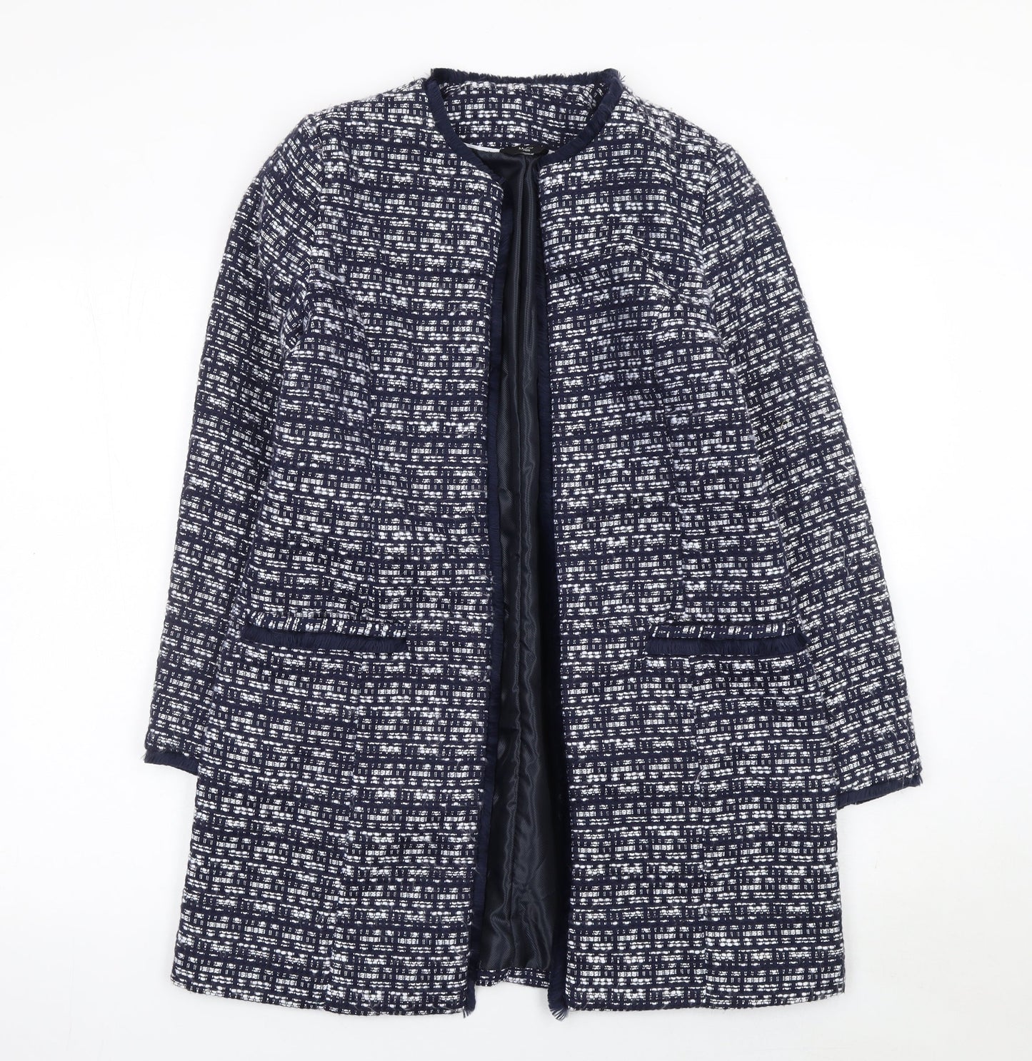 M&Co Women Blue Tweed Mid-Length Open Coat Size 8