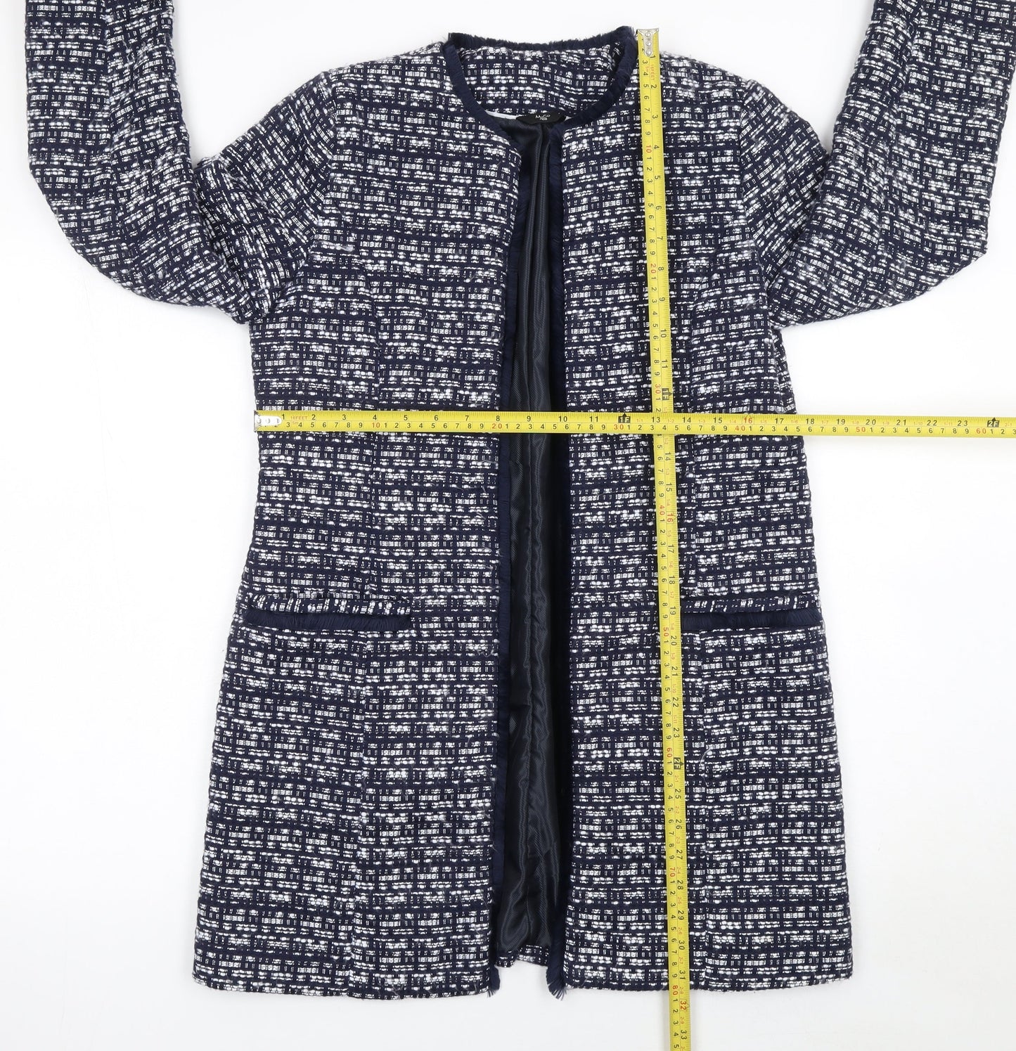 M&Co Women Blue Tweed Mid-Length Open Coat Size 8