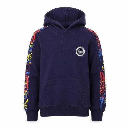 Front view of Hype boys’ blue hoodie 13 years pullover graphic print logo hooded jumper