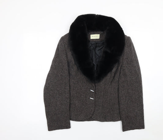 Minuet Women Brown Tweed Faux Fur Collar Shawl Lapel Blazer Size 14