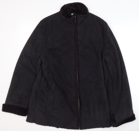 Klass Collection Women's Black Faux Fur Trim Mid-Length Zip Coat Size 14