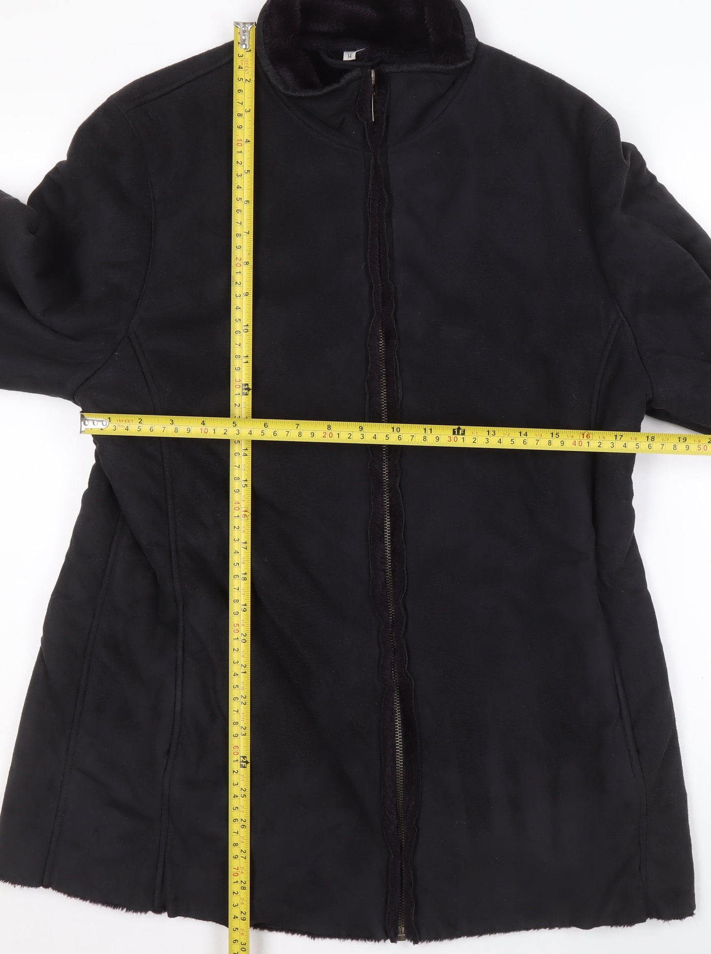 Klass Collection Women's Black Faux Fur Trim Mid-Length Zip Coat Size 14