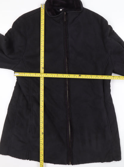 Klass Collection Women's Black Faux Fur Trim Mid-Length Zip Coat Size 14