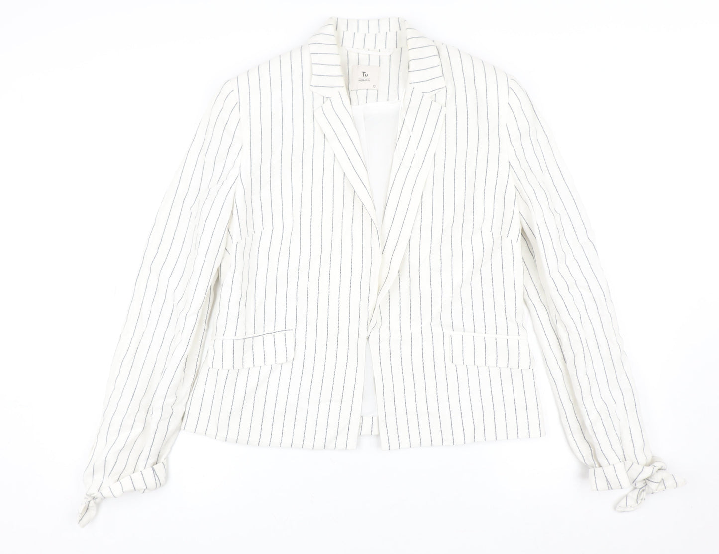 Tu Women White Striped Linen Blend Single-Breasted Blazer Size 12