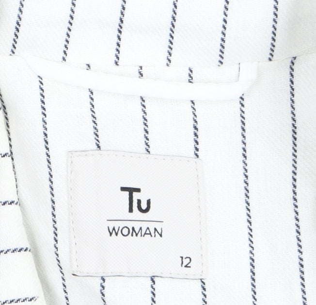 Tu Women White Striped Linen Blend Single-Breasted Blazer Size 12