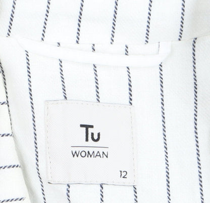 Tu Women White Striped Linen Blend Single-Breasted Blazer Size 12