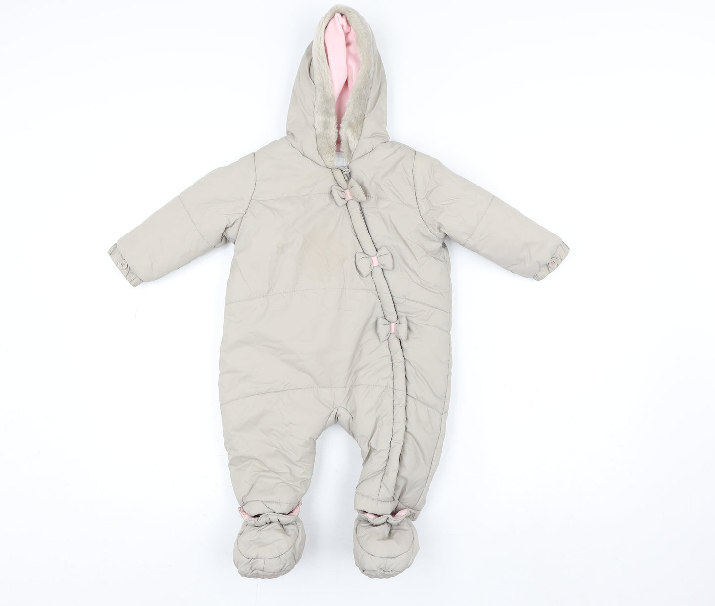 Tu Unisex Baby Beige Hooded Puffer Snowsuit 6-9 Months Faux Fur Trim