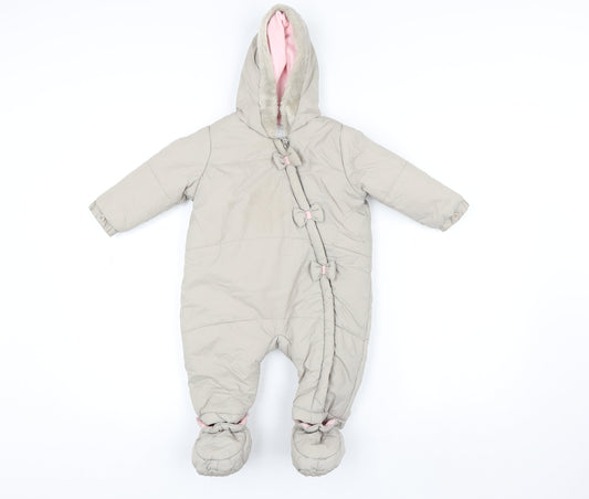Tu Unisex Baby Beige Hooded Puffer Snowsuit 6-9 Months Faux Fur Trim