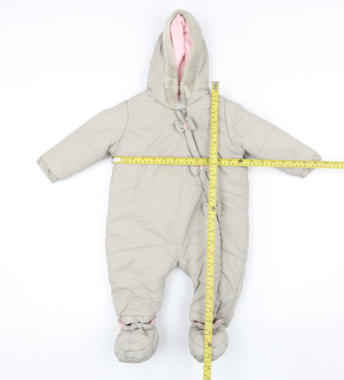 Tu Unisex Baby Beige Hooded Puffer Snowsuit 6-9 Months Faux Fur Trim