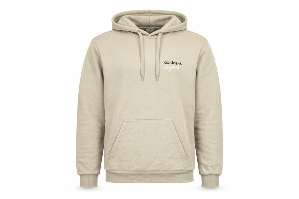 Front view of Adidas Originals Men's Beige Pullover Hoodie, size S, Fleece Graphic
