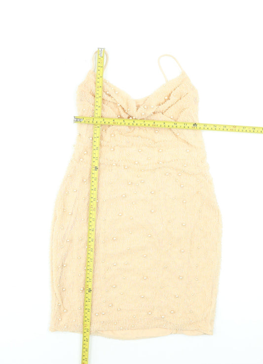 Oh Polly Women Beige Size 14 Beaded Bodycon Short Dress