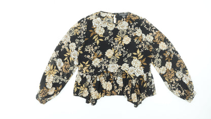 Primark Women's Black Floral Long Sleeve Tunic Blouse Size 8