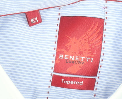 Benetti Luxury Men Blue 16.5 Tapered Long Sleeve Cotton Shirt