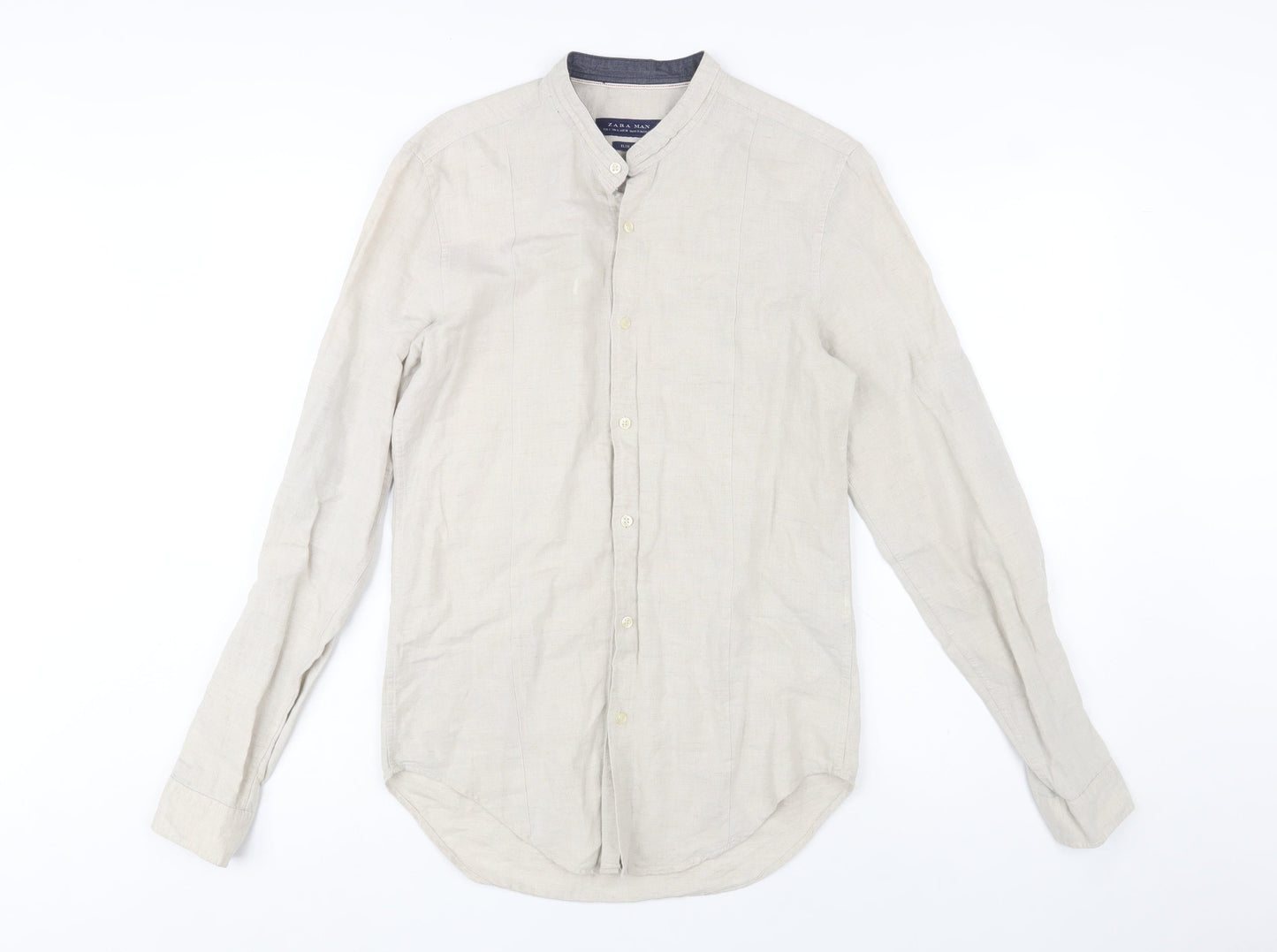 Zara Man Beige Slim Fit Linen Blend Band Collar Long Sleeve Shirt Size S