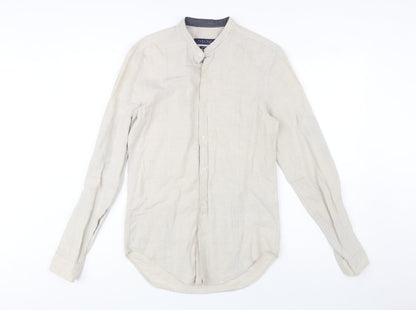 Zara Man Beige Slim Fit Linen Blend Band Collar Long Sleeve Shirt Size S