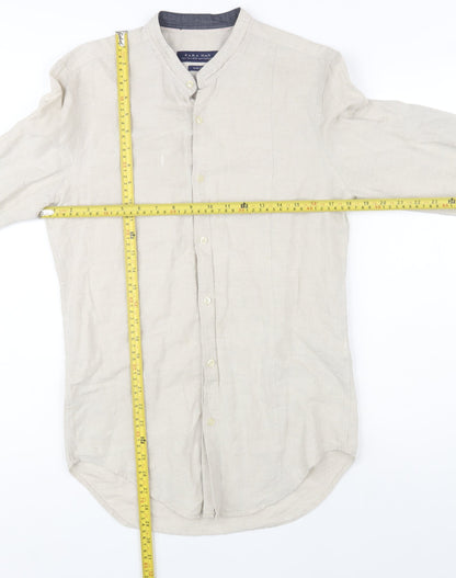 Zara Man Beige Slim Fit Linen Blend Band Collar Long Sleeve Shirt Size S