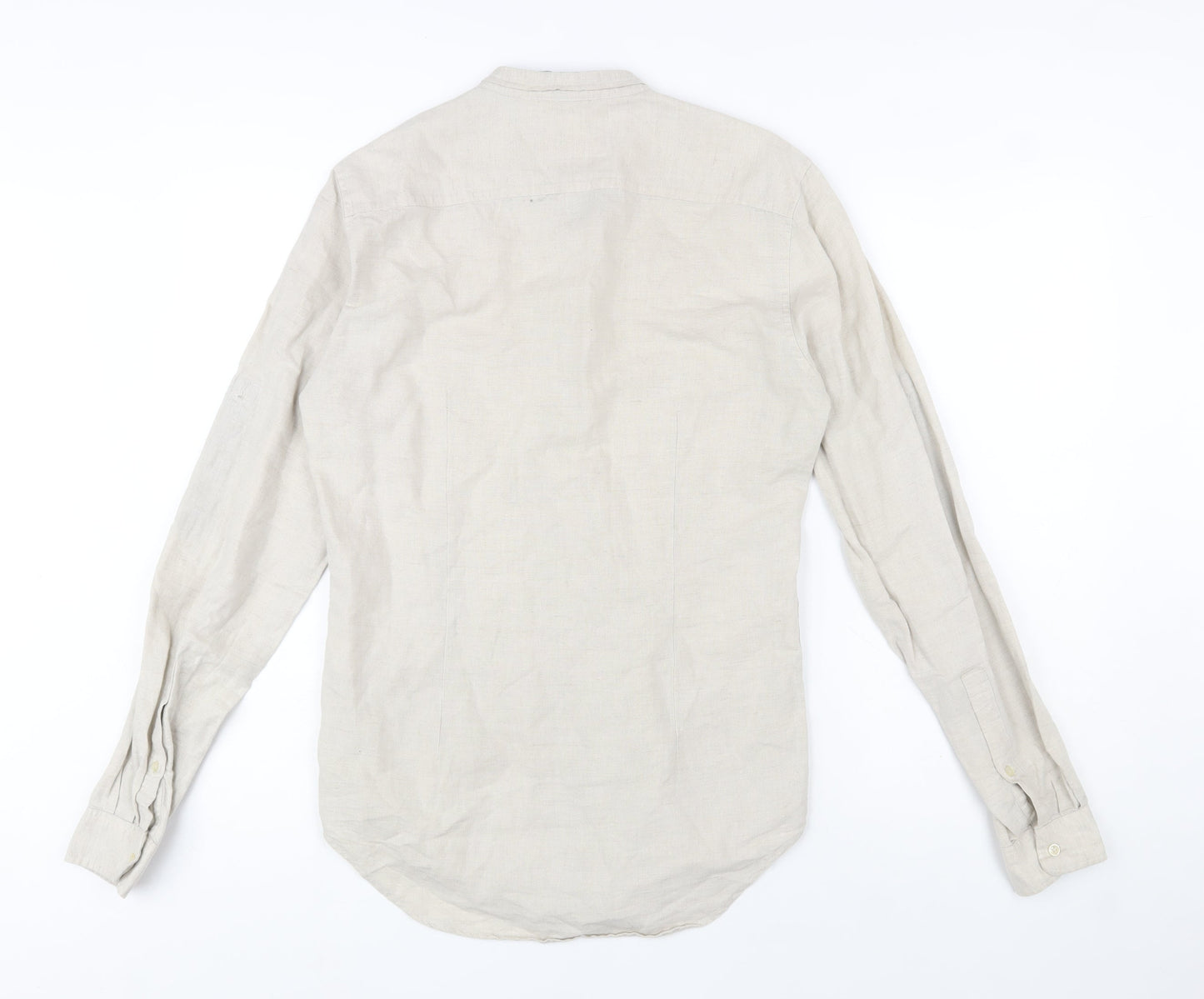 Zara Man Beige Slim Fit Linen Blend Band Collar Long Sleeve Shirt Size S