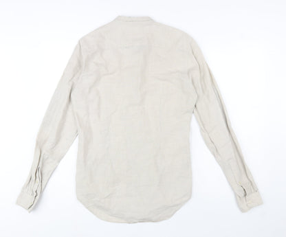Zara Man Beige Slim Fit Linen Blend Band Collar Long Sleeve Shirt Size S