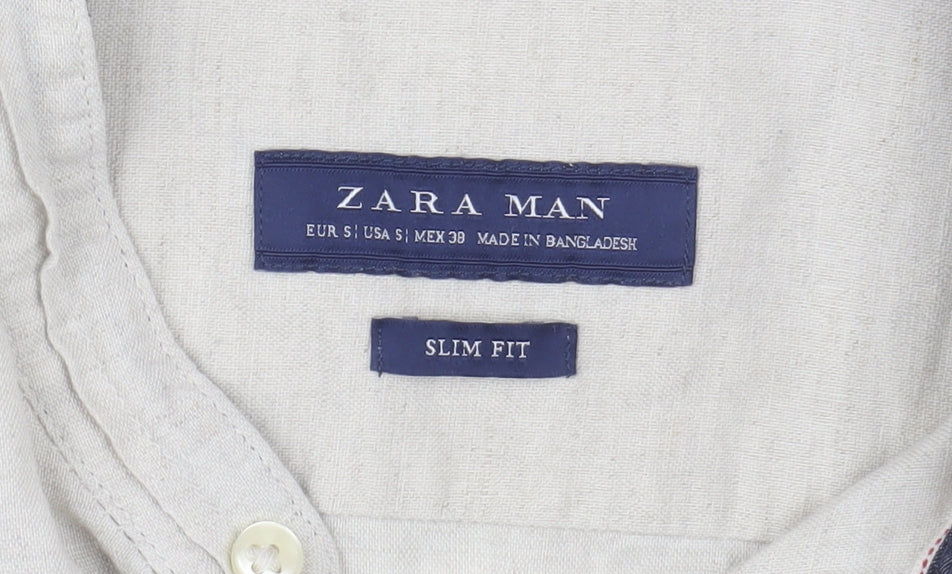 Zara Man Beige Slim Fit Linen Blend Band Collar Long Sleeve Shirt Size S