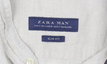 Zara Man Beige Slim Fit Linen Blend Band Collar Long Sleeve Shirt Size S