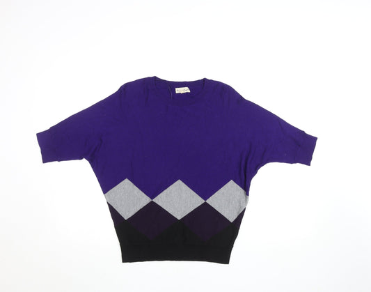 Phase Eight Womens Purple Argyle Knit Short Sleeve Relaxed Jumper XS