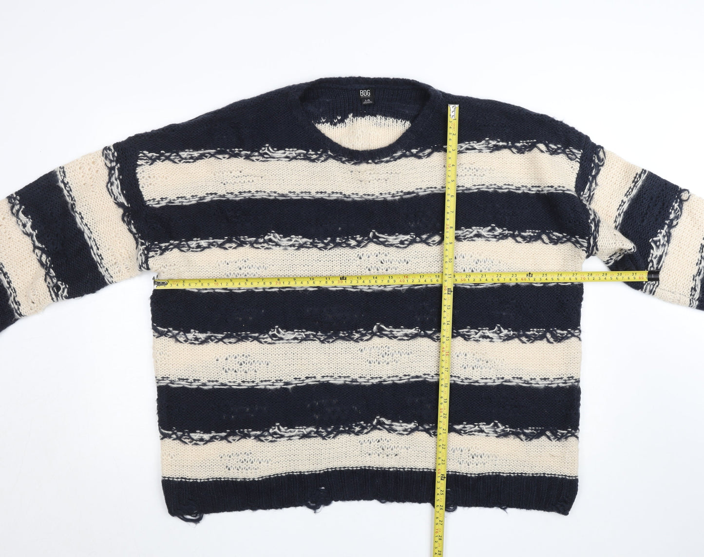 BDG Men Blue Cream Striped Open-Knit Pullover Jumper L