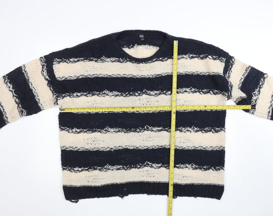 BDG Men Blue Cream Striped Open-Knit Pullover Jumper L