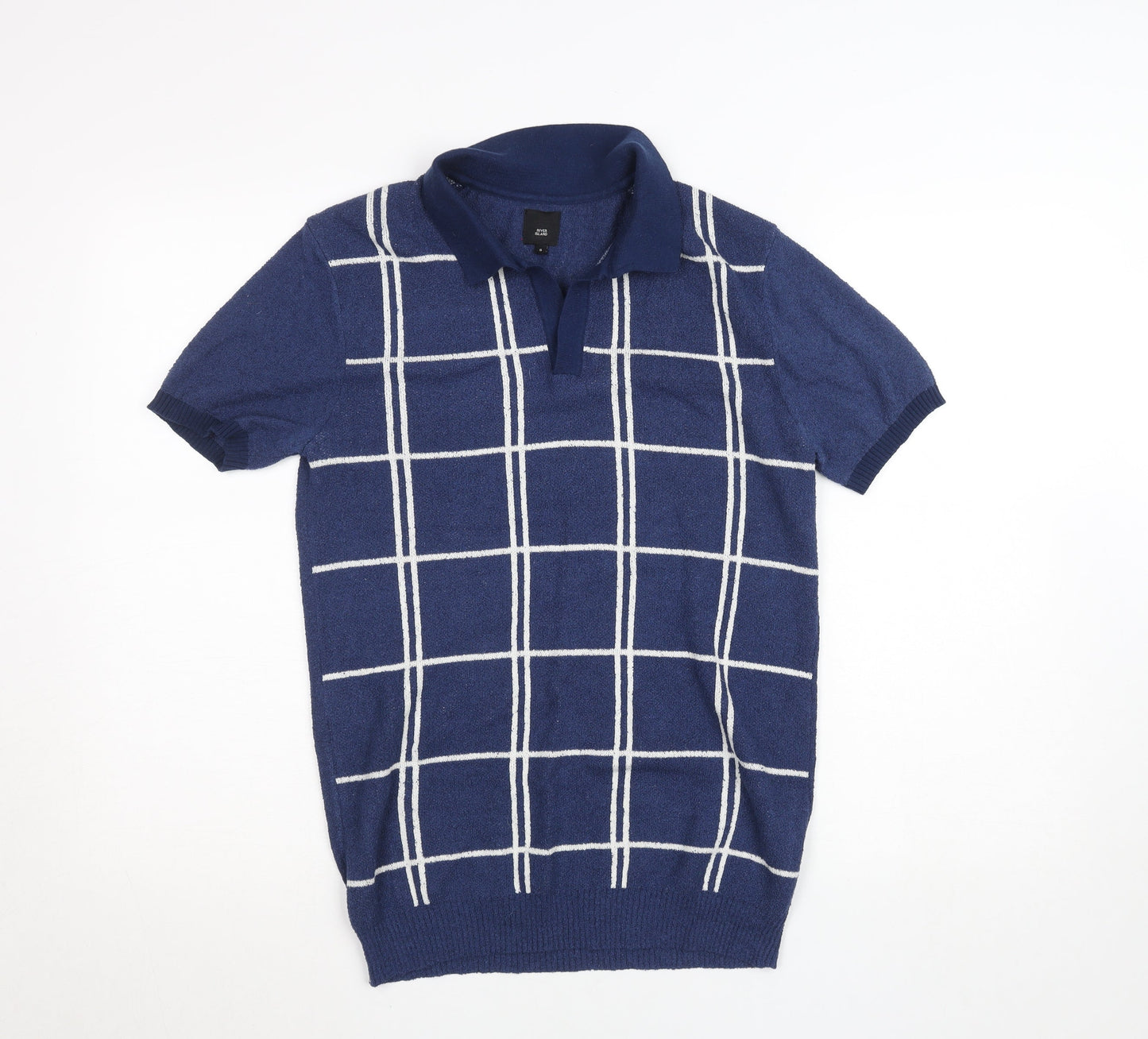 River Island Men's Blue Check Collared Short Sleeve Jumper Size S