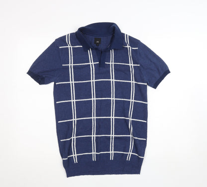 River Island Men's Blue Check Collared Short Sleeve Jumper Size S