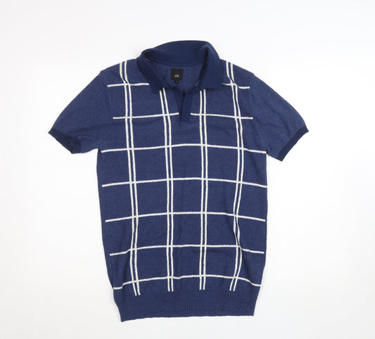 River Island Men's Blue Check Collared Short Sleeve Jumper Size S