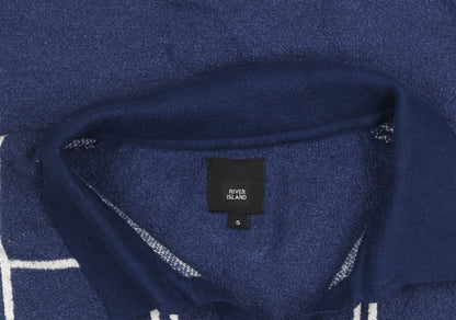 River Island Men's Blue Check Collared Short Sleeve Jumper Size S